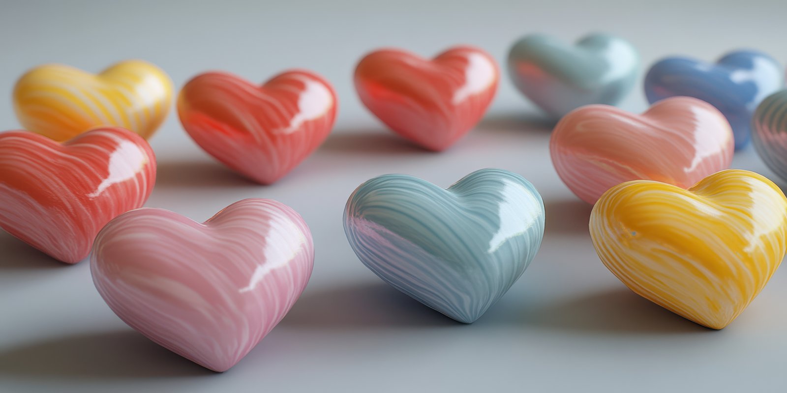 Colorful ceramic hearts arranged artistically on a pale surface for decoration or gift-giving